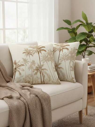 1/2/4pcs Tropical Palm Tree Throw Pillow Covers - Beige & Palm Tree Design, Zipper Closure Decorative Cushion Cases For Living Room, Bedroom, Office, Car - Machine Washable Polyester (No Insert Needed) - Coastal Home Decor, Palm Tree Decor, Bedroom Accessories, Rural Style Accents, Flat Print Design, Office Decor, Durable Fabric, Square Pillowcases, Interior Designers, 2D Flat