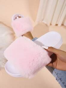 四季新款柔软亲肤女士拖鞋，纯色套脚保暖家居拖鞋，蓬松人造毛皮，EVA鞋底，轻便舒适，可爱时尚，高端减震 - 粉色 - 查看 10