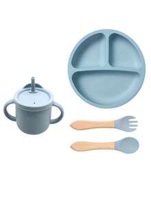 4pcs Baby Silicone Feeding Tableware Set, Customizable With Name And Pattern, Includes Plate, Straw Cup, Fork And Spoon - Multicolor - View 10