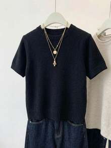 Top de punto acanalado de unicolor, de moda para primavera/verano, adecuado para el hogar y el uso diario en color negro - Negro - Ver 2