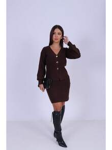 Classic Women's Pants And Vest Set With Buttons - Rust Brown - View 6