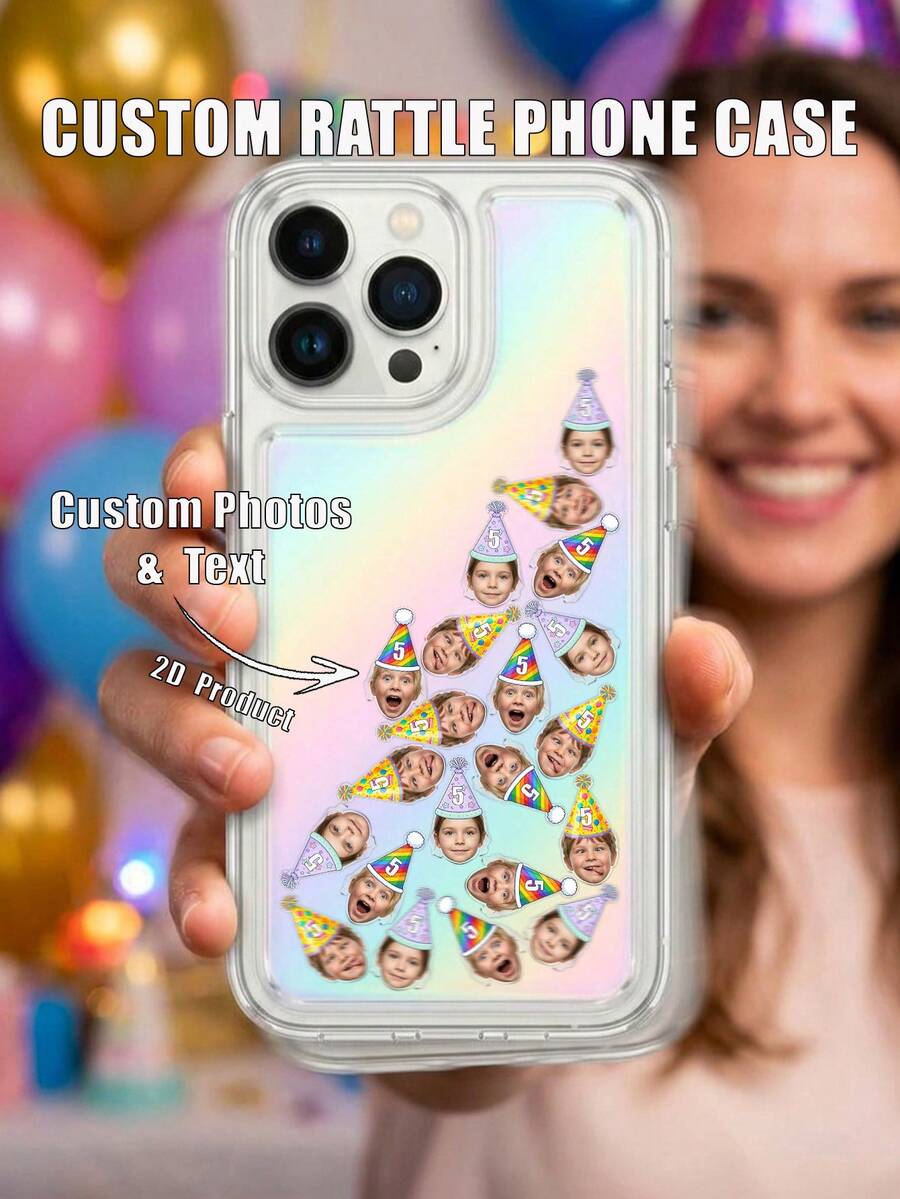 Funda de teléfono personalizada con foto facial, gorro de fiesta de cumpleaños personalizado con patrón triangular y forma de cara, funda de protección para teléfono, funda de teléfono transparente iridiscente personalizable con foto y texto, regalo de cumpleaños único, adecuado para familia y amigos. - Multicolor - Ver 1