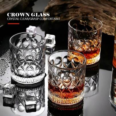 300ml Engraved Whiskey Glass, Classic Whiskey Tumbler, Rocks Glass, Embossed Bar Glass, Thick Bottom Beverage Cup, Retro Cocktail Glass, Suitable For Bourbon, Scotch Whisky, Spirits, Water, Juice, Essential For Home Bar, Adult Gift, Unisex