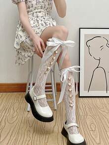 1双女士过膝袜，轻薄透气，适合春夏穿着，街头时尚/街头风/嘻哈风格 - 彩色 - 查看 3