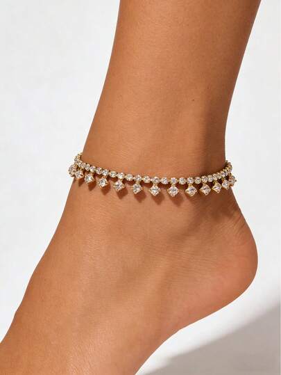 1件镶钻闪亮几何图案脚链，时尚镶钻脚链，适合夏季海滩度假装扮