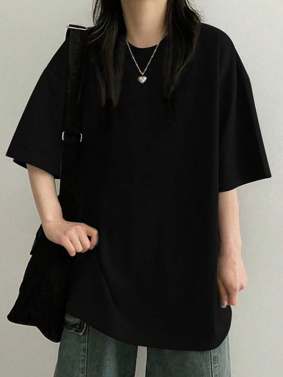 女士时尚宽松简约黑色短袖纯棉T恤，春夏款 - 黑色 - 查看 1
