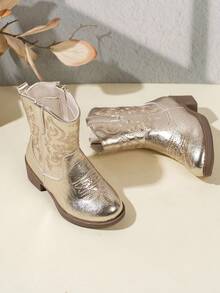 NILOSH 1 Pair Children's Embroidered PU Leather TPR Sole Mid-Calf Boots, Fashionable Spring/Autumn Style - Gold - View 9