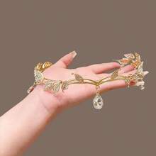Crystal Leaf Crown Headband, Fully Rhinestoned Fairy Costume Jewelry, Vintage Elf Princess Bridal Wedding Accessory - Gold - View 4