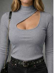 Elegant Women's Blouse With Asymmetrical Neckline And Long Sleeves - Autumn/Winter - 灰色 - 查看 1