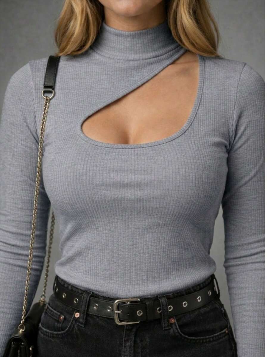 Elegant Women's Blouse With Asymmetrical Neckline And Long Sleeves - Autumn/Winter - 灰色 - 查看 1