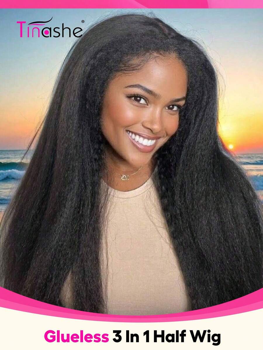 Tinashe Yaki Straight 3 IN 1 Half Wig Human Hair Wigs Scalp Look 180% Density Human Hair Human Hair Wig No Leave Out Brazilian Human Hair Natural Color For Women Glueless Wig Clip & Go - SNatural - View 1