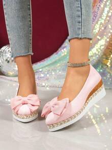 Gentle Bowknot Wedge Heel Slip-On Shoes, Women's Linen Braided Platform Granny Shoes, Versatile Commuting Increased Height Fisherman Shoes - Pink - View 5
