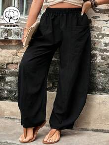 Plus Size Women's Casual Loose Straight Leg Pants, Suitable For Spring, Autumn, Holidays, Vacations, Daily Wear, Dates, Travels, Stages, Concerts, Airports, Made Of Woven Fabric Black - Black - View 3