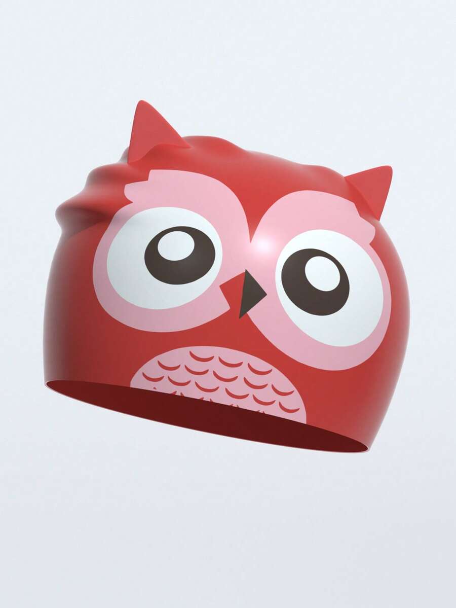 卡通泳帽，硅胶耳部和头发保护防水泳帽，男女童通用 - 紅色 - 查看 1