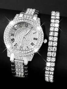 6件套奢华女士石英表套装，包括银色水钻罗马数字石英表、水钻手链、项链、耳环和戒指，优雅奢华，适合女士日常佩戴。 - 銀色 - 查看 8