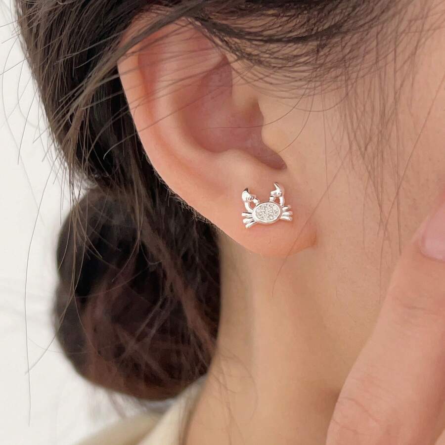 1 Đôi bông tai nữ thiết kế hình cua đính đá Zirconia, bông tai nhỏ nhắn, tinh tế. - Bạc - Xem 1