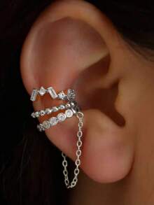 3pcs/Set No Piercing Gold Cubic Zirconia Ear Cuff Earrings, Jewelry Gift For Women - Silver - View 2