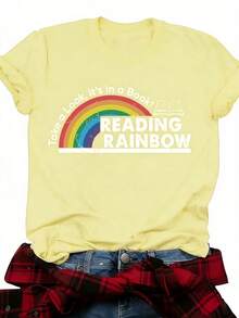 Women's Reading Rainbow Graphic Tee With Book Design Tee, Soft, Heavyweight, Fitted Fit, Print, Graphic, Design, Book, Rainbow Print, For Casual - 黃色 - 查看 4