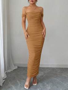 PRETTYGARDEN Women's Summer Dresses Off The Shoulder Dress Ruched Bodycon Sleeveless  Evening Elegant Dresses Wedding Guest Graduation Cocktail Club Party Brown Maxi Dresses - 棕色 - 查看 5
