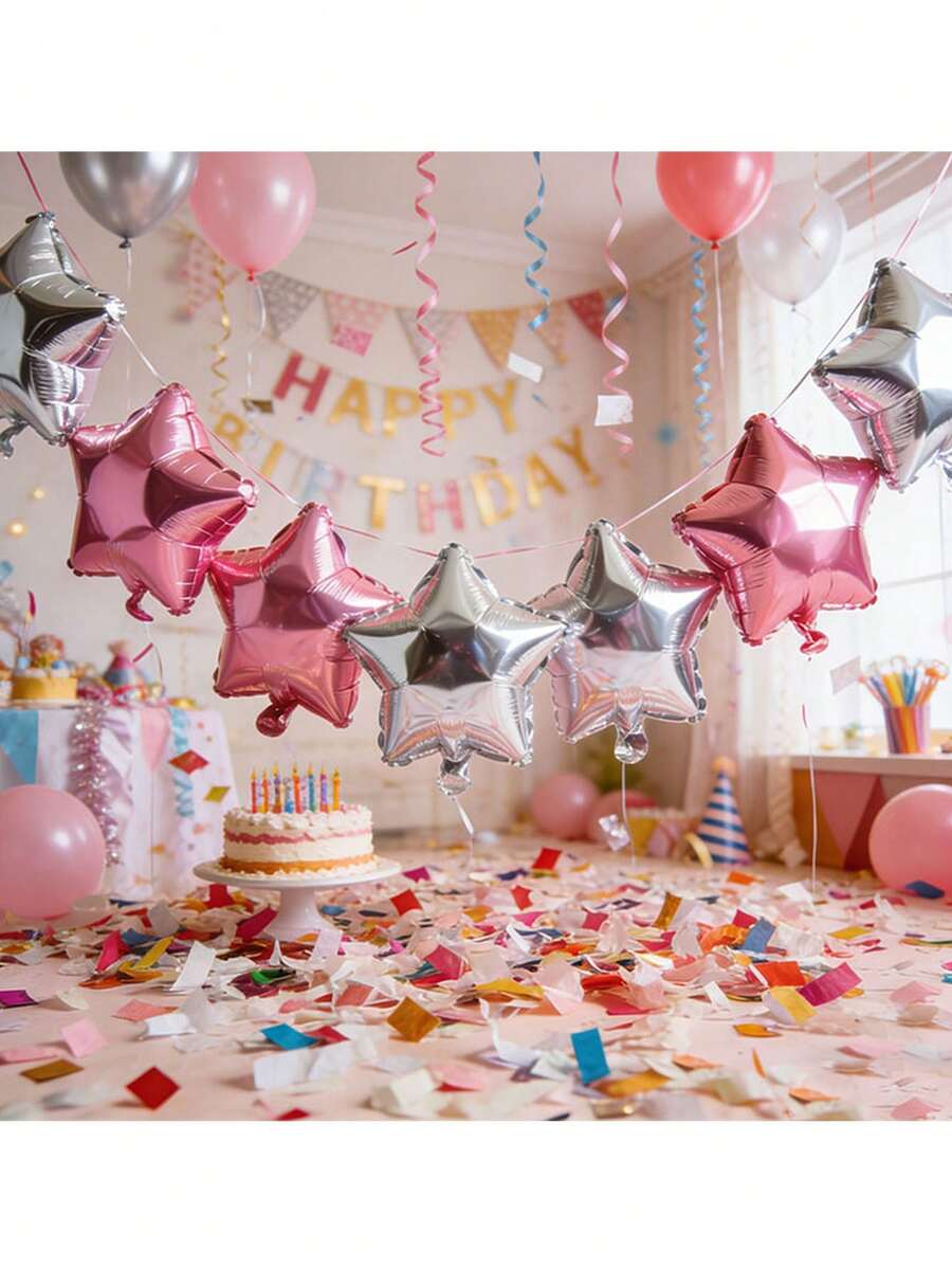 9pcs Set Including 4 Pink & 3 Silver Star Foil Balloons, 1 Roll Of Ribbon, Suitable For Birthday Party, Christmas And Various Festivals - View 1