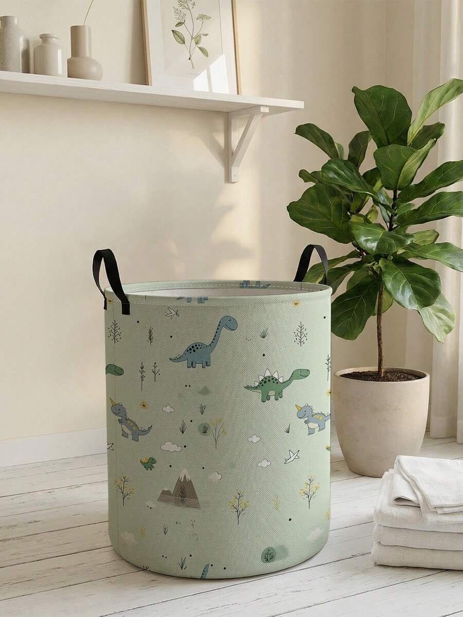 1pc Cartoon Dinosaur Print Foldable Round Storage Basket With Handle, Large Capacity Multi-Purpose Storage Bin For Nursery, Baby Diaper, Clothes, Toys Organization