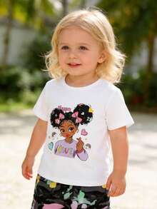 2件套卡通少女元素短袖圆领T恤和迷彩工装裤休闲可爱女童套装 - 白色 - 查看 3