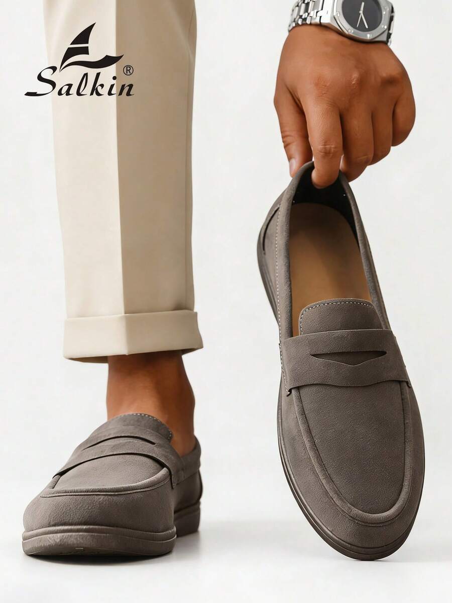 Salkin Mocasines deslizantes de moda para hombres, zapatos casuales de ante sintético, suaves, cómodos, transpirables y duraderos, zapatos planos versátiles para trajes, estudiantes, graduación, negocios, fiestas, bodas, primavera/verano/otoño, tallas grandes, disponibles en varios colores. Nota: Corre pequeño, por favor pida una talla talla grande grande. Elegancia de dinero viejo otoñal - Gris - Ver 1