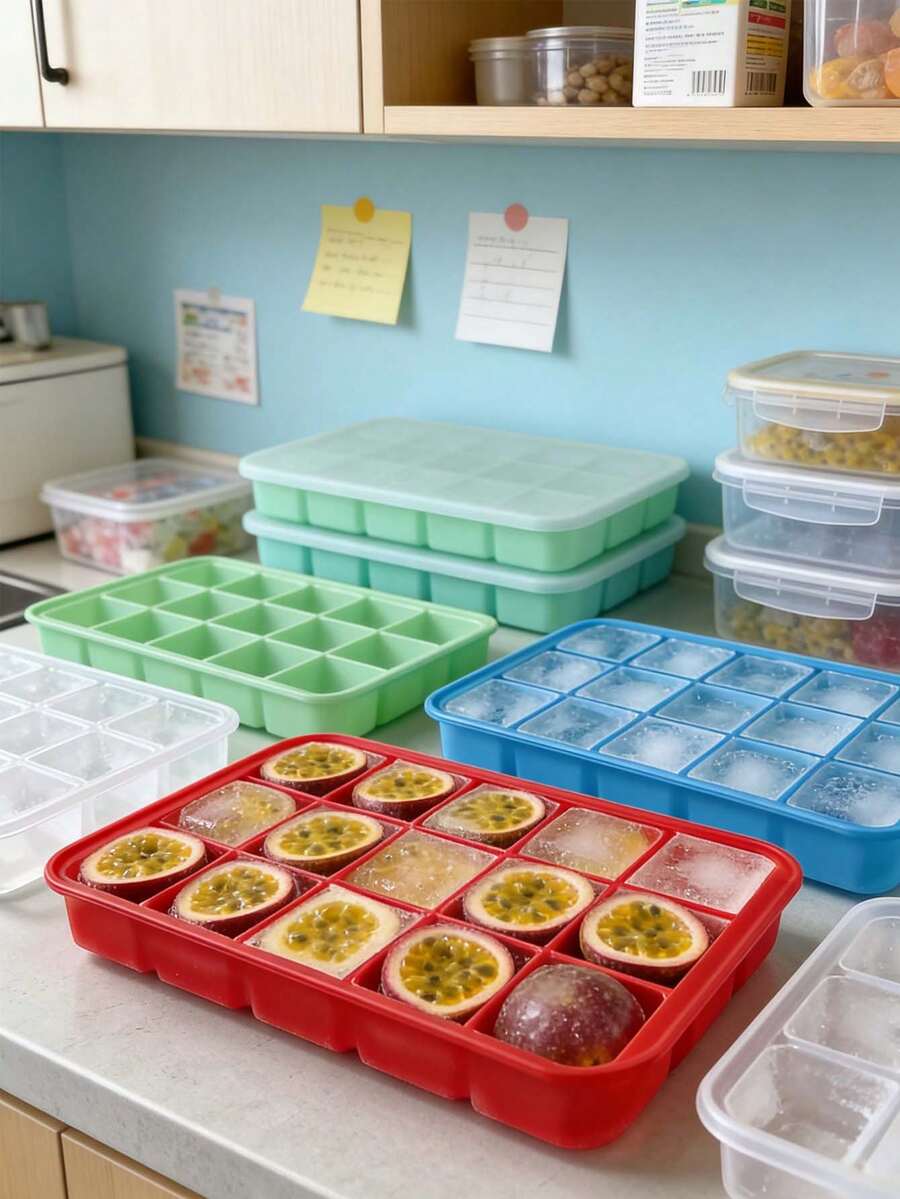 Silicone Tray With Lid, Easy Release Mold, Stackable Leak-Proof Trays For Whiskey, Cocktails, Coffee, Beverages, DIY Frozen Foods - Multicolor - View 1