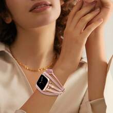 1 dây đeo đồng hồ dệt kiểu Bohemian, kết hợp hợp kim kim loại và da, bền và vừa vặn với cổ tay, khóa tháo rời dễ dàng, phù hợp với đồng hồ có kích thước 40mm, 41mm, 38mm, 42mm, 44mm, 45mm, 49mm, 46mm thuộc các dòng Series 10, 9, 8, 7, 6, 5, 4, 3, 2, 1, Ultra, SE - Hồng - Xem 5