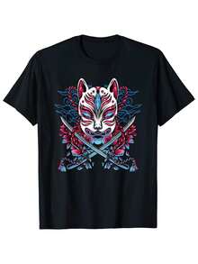 Camiseta de Kitsune (Zorro) Japonés - 180g 100% Algodón, Manga Corta, Cuello Redondo, con Estampado de Zorro de Nueve Colas y Flor de Cerezo, Ropa Casual Inspirada en Anime y Manga para Fanáticos de la Cultura Japonesa - Negro - Ver 6