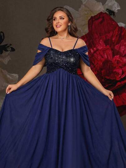 Plus Size Navy Blue Sequin Off-Shoulder Maxi Dress, Elegant Slimming Formal Gown For Banquet, Wedding, Party