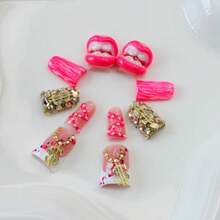 10Pcs Handmade Press on Nails Short Duck Fake Nails with 3D Flaming Red Lips Rhinestone Design Funny Multi-Layer Acrylic False Nails Handmade Duck Nails Press ons Reusable Stick on Nail for Women S - Multicolor - Ver 6