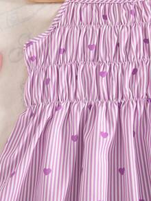 2pcs Girls Casual Striped Heart Print Decor Spaghetti Strap Vest And Elastic Waist Shorts Set, Spring/Summer - Purple - View 4