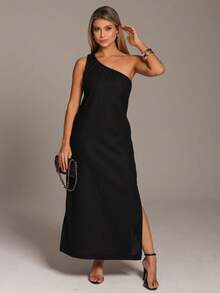 Linen Dress With Asymmetrical Detail, Pockets And Side Slit - Black - View 3