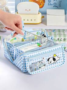 1pc Cute Large Capacity Plaid Check Dog Pencil Case, Cartoon Multifunctional Stain Resistant Stationery Bag, Flip-Top Magnetic Buckle Stationery Pouch Clear Transparent Front Pocket For Primary School Students - Multicolor - View 5