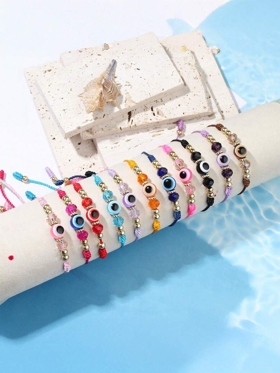 1 pieza/11pcs Pulsera trenzada de estilo bohemio de playa con ojo malvado colorido, regalo de joyería personalizada de moda para uso diario y vacaciones, perfecto para atuendos casuales, fiestas y regalos de vacaciones, accesorio versátil para el uso casual y de vacaciones de las mujeres - Multicolor - Ver 1