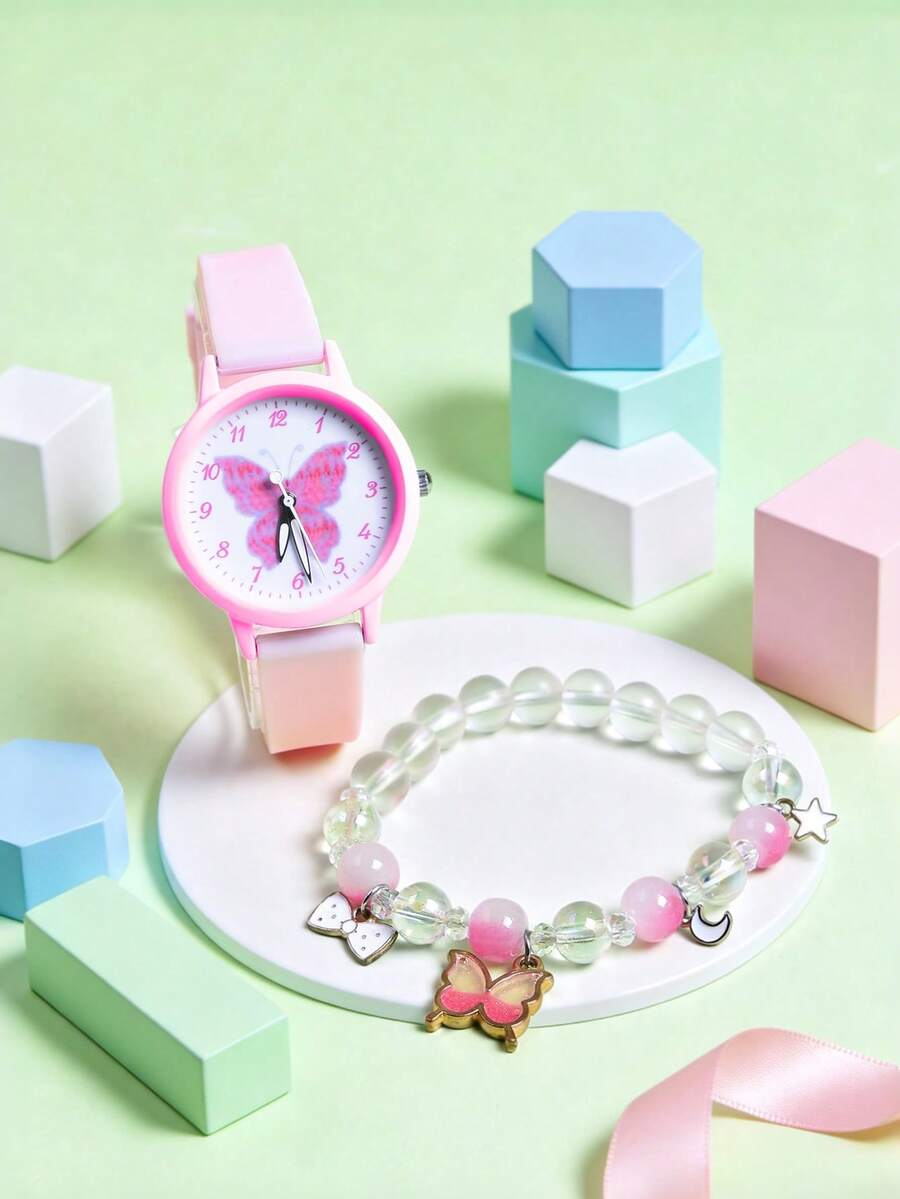 Bộ 2 chiếc đồng hồ trẻ em dây đeo silicon mềm mại dễ thương, đồng hồ đeo tay thạch anh hình bướm hoạt hình dành cho học sinh tiểu học, vòng tay đính hạt có mặt dây chuyền hình bướm.