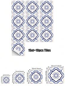 一套10片墨西哥瓷砖贴纸，可撕贴，防水自粘墙贴，复古波西米亚风花卉几何瓷砖贴纸，适用于浴室淋浴间、厨房防溅板、洗衣房、楼梯立面，租房者友好型可移除墙贴 - 清新藍白款 - 查看 11