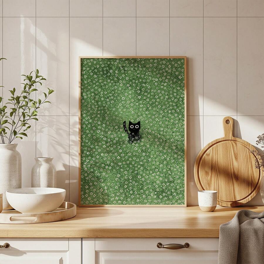 1pc Frameless Flowers Nature With Playful Black Cat Art Print, Whimsical Cottagecore Poster For Bedroom, Dorm, Living Room Decor, Back To School, Funky Posters, Vintage Decor, College Dorm Essentials, Unique Gift - Cartoon - View 1