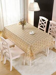 HXARTMIS 1pc Gold Sequin Embroidered Geometric Pattern Rectangular Tablecloth, Elegant Embroidered Oblong Table Cover With Scalloped Edges, Vintage Dust-Proof Tablecloth For Dining Room, Kitchen, Wedding Party, Home Decor, Suitable For Mother's Day, Father's Day, Valentine's Day And Other Holiday Decorations - Brown - View 2