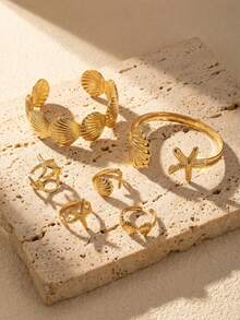 Set de 6 piezas de anillos y pulseras ajustables con diseño minimalista de estrellas de mar y conchas, joyería de alta calidad con encantos occidentales para playa y resort, el mejor regalo de joyería de playa para mujeres, adecuado para vacaciones en la playa, fiestas, citas, verano y regalos - Dorado - Ver 3