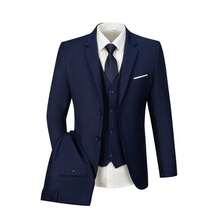 3 PiecesNavy Blue Suit Set For Men, Includes Single-Breasted Jacket + V-Neck Vest + Straight-Leg Pants, Wrinkle-Resistant, Durable, Non-Deforming, Comfortable For Long Wear, Easy Care, Suitable For Business Or Wedding Occasions - Navy Blue - View 3
