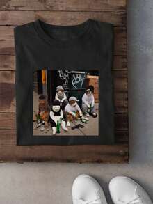 男士圆领短袖街头风“喵喵船”印花休闲上衣 - 黑色 - 查看 1