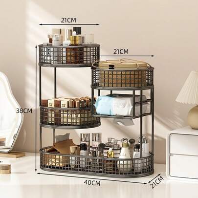 LOVEWE 4-Tier Metal Bathroom Countertop Organizer, Cosmetic Storage Box With Tissue Holder, Perfect For Skincare, Cosmetics, Perfume & Makeup Brushes