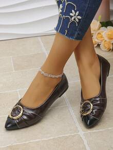 大码 35-45 女式尖头撞色平底鞋，新款秋季户外日常黑白酒红棕色软底工作驾驶乐福鞋 - 巧克力棕色拼黑PU - 查看 3