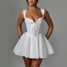 Pure And Sweet Girl Style Light Blue Camisole Dress With Lace Lace And Chest Tie, Waist Cinching And Slimming Short Skirt - 黃色 - 查看 3