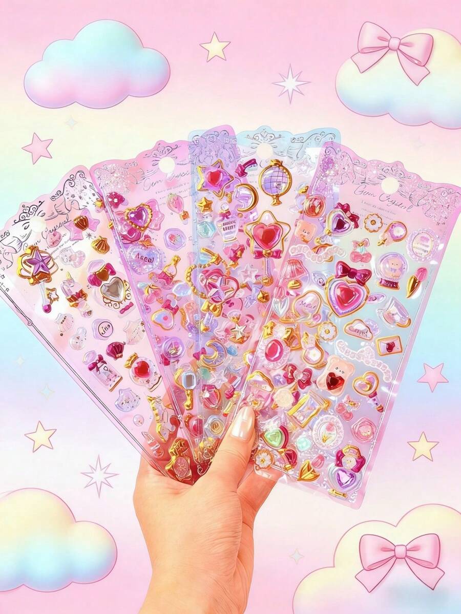 Sparkling Charm! 3D Heart-Shaped Crystal Stickers, Gold Foil Princess Style 3D Stickers Suitable For DIY Planner, Album, Phone Case, Great Gift For Girls And Teenagers. Home Room Decor, Party Decoration, Birthday Gift, Various Holiday Gifts, Fashionable . - Multicolor - View 1