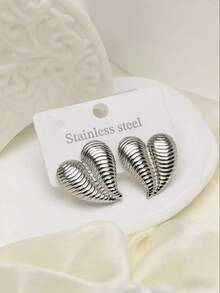 Women's Silver Heart Textured Stud Earrings - Fashionable Stainless Steel Heart Earrings. Minimalist Y2K Style Studs Are Lightweight, Anti-Oxidation, And Comfortable To Wear. Suitable For Daily Wear, Work, Dates, Parties And Special Occasions, Whether For Daily Wear, Holiday Celebrations, Vacation Travel Or Party Gatherings, They Are An Excellent Choice. - Silver - View 3