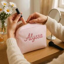 1pc Customized Embroidered Minimalist Square Cosmetic Bag, Makeup Bag, Skincare Pouch, Travel Organizer, Essential For Travel, Cruise, Dorm, Bridesmaid Gift, Mother's Gift, Birthday Gift, Friend & Teacher Gift, Home Decor, Bathroom, Bedroom, Jewelry, Lipstick, Nail Polish Storage - Multicolor - View 2