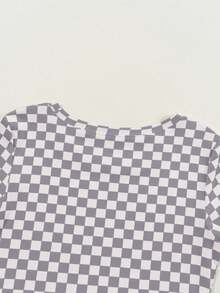 Acelitt Camiseta de manga corta de ajuste ceñido con cuello redondo, estampado de ajedrez en bloques de color, de color gris claro, adecuada para salidas casuales - Gris Claro - Ver 7